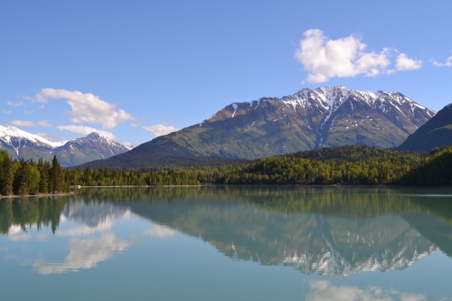 Alaskan mountains reflected in lake